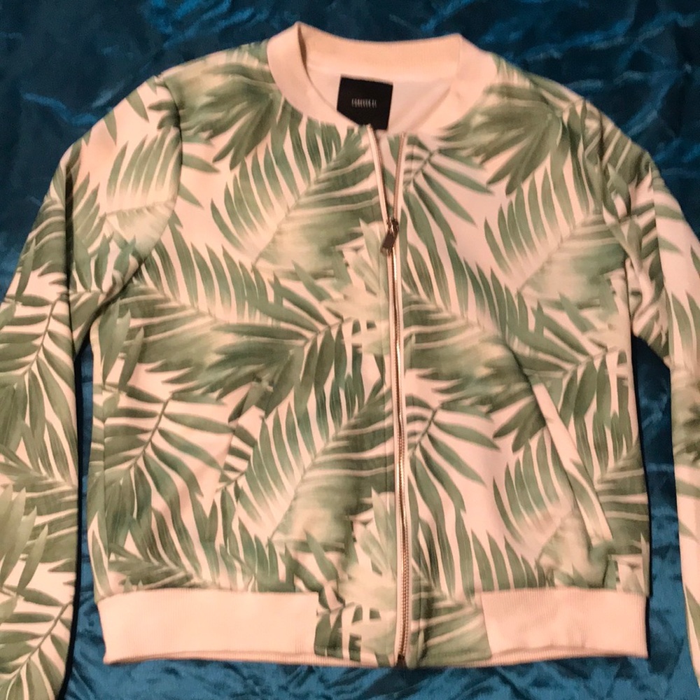 Forever 21 Zip Up Palm Leaf Bomber Jacket